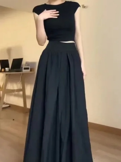 大码法式赫本风套装黑色修身显瘦T恤女夏季高腰半身裙长裙子