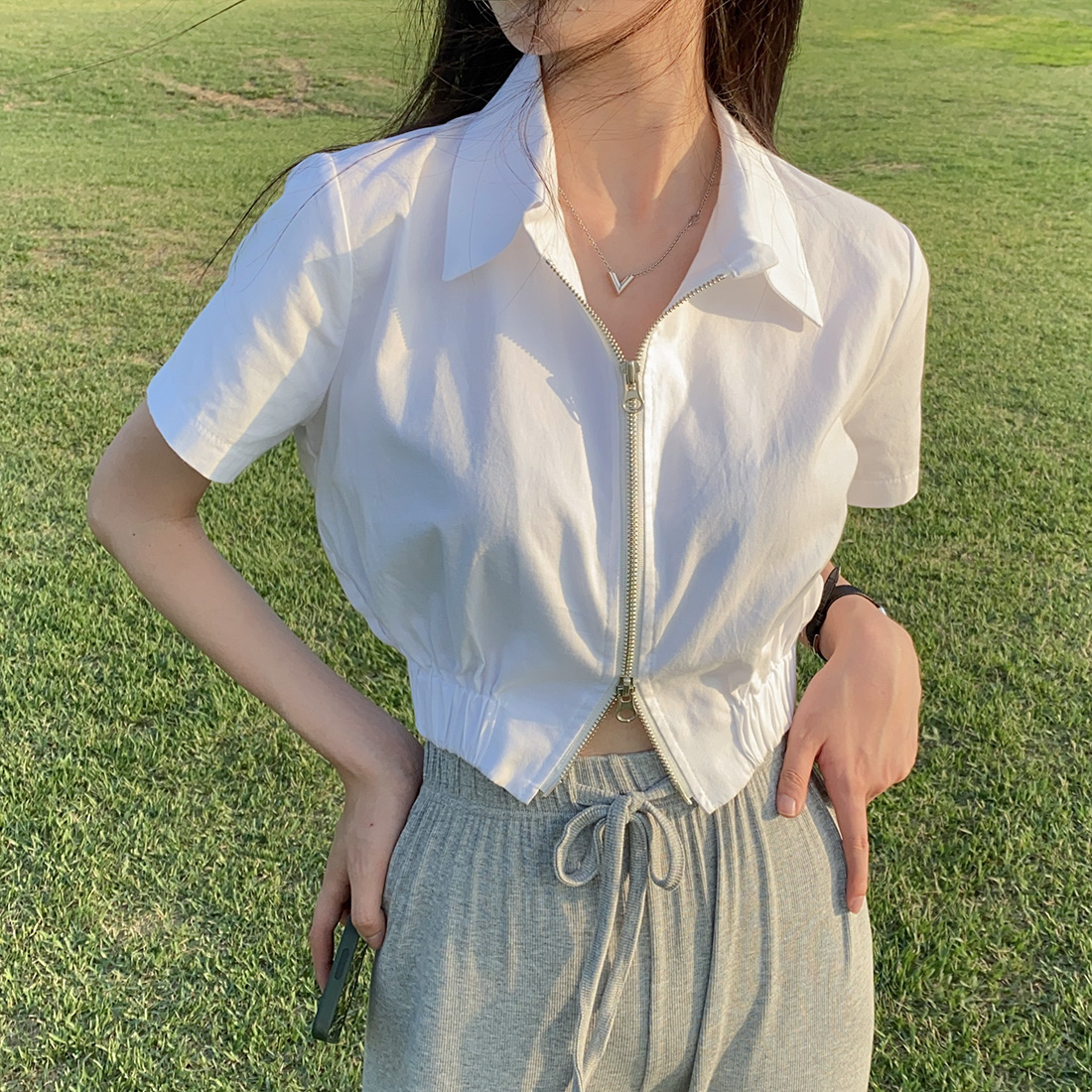 韩国chic夏季复古简约翻领双开拉链设计收腰显瘦短袖外套女衬衫