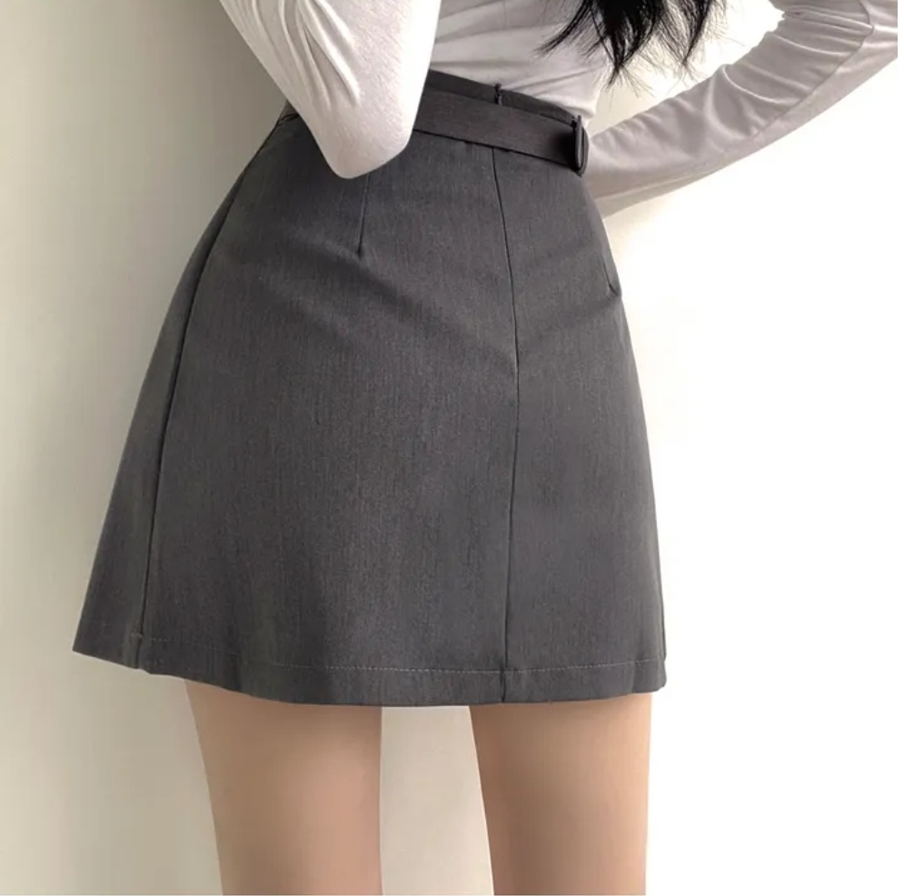 韩国chic夏季高腰百褶A字裙配腰带不规则西装半身裙