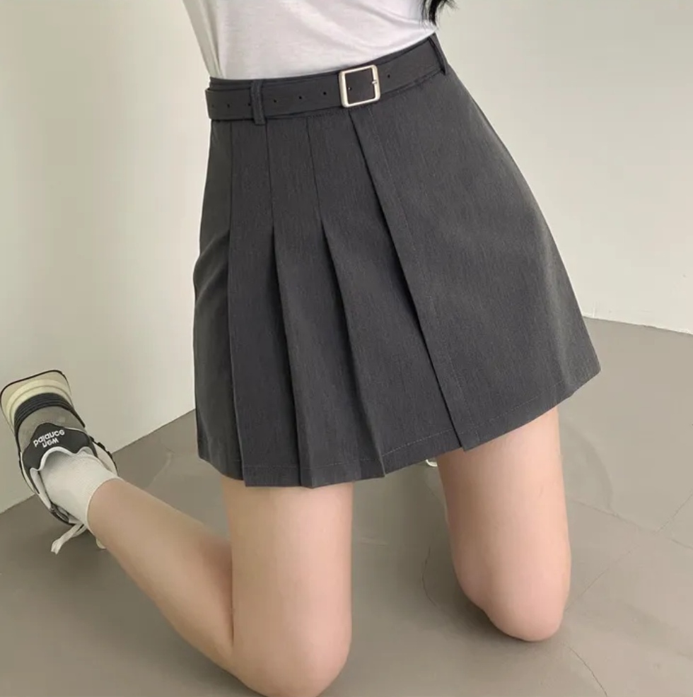 韩国chic夏季高腰百褶A字裙配腰带不规则西装半身裙
