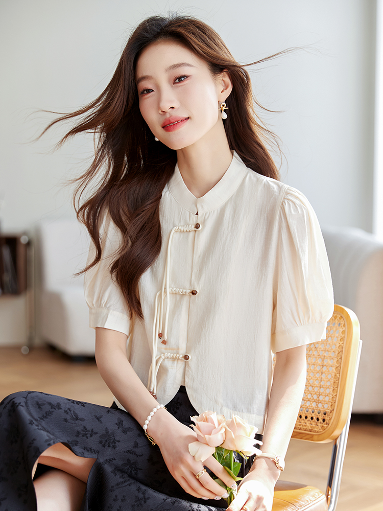 新中式盤扣上衣女裝2026夏季國風復古設計感小眾白色短袖襯衫