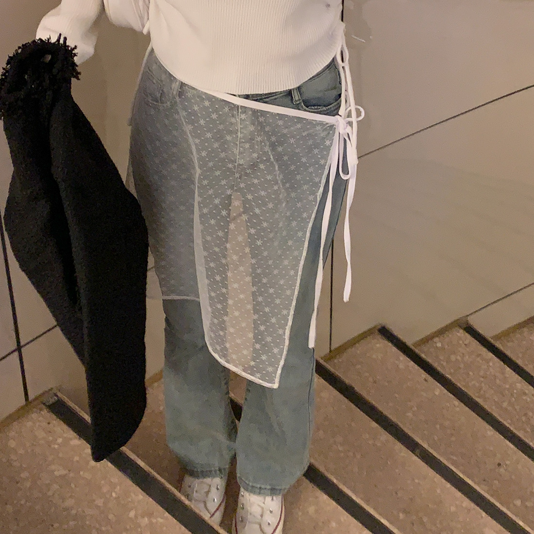韩国chic时尚蕾丝一片式绑带网纱屁帘叠穿半身裙女
