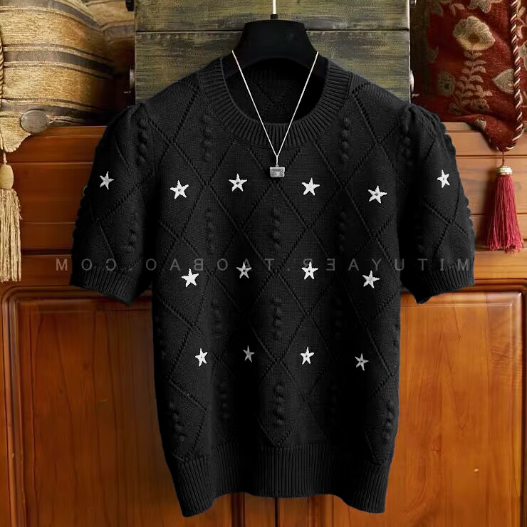 冰丝法式小香风高级感星星印花短袖镂空立体泡泡袖针织上衣