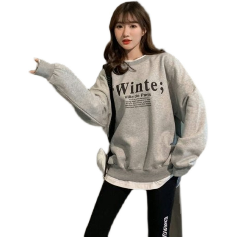加绒和薄款秋冬新款韩版宽松字母百搭假两件圆领卫衣女学生上衣外