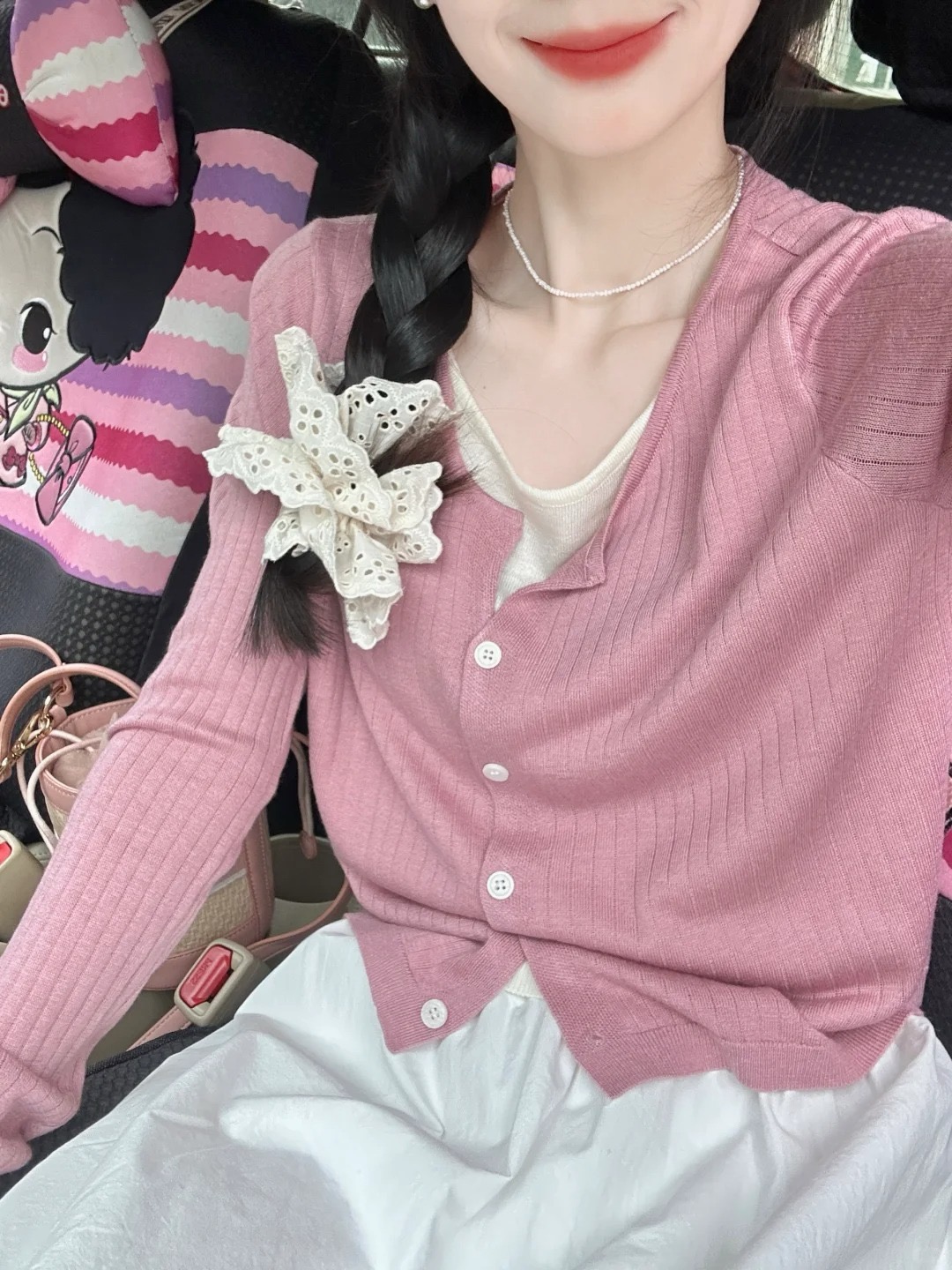 韩系简约粉色假两件针织开衫女春秋新款设计感小众薄款外搭