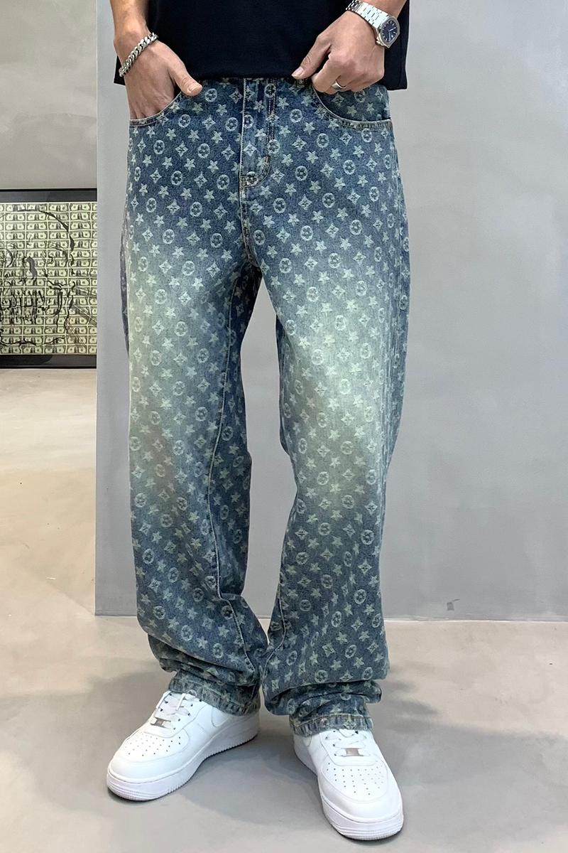 實拍美式潮牌牛仔褲男潮流滿印提花復古直筒水洗寬松百搭品質褲子