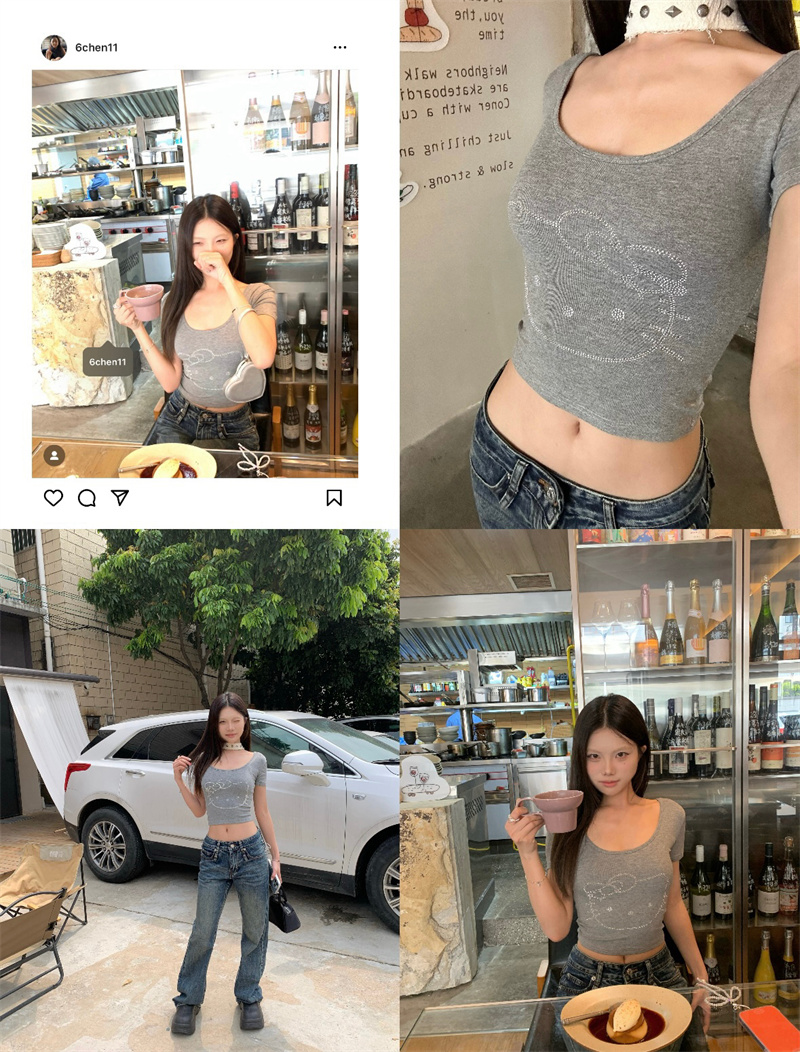 Real shot of U-neck hot diamond gray short-sleeved T-shirt for women, high-end pinch waist, sweet and spicy, unique and chic small top, short style