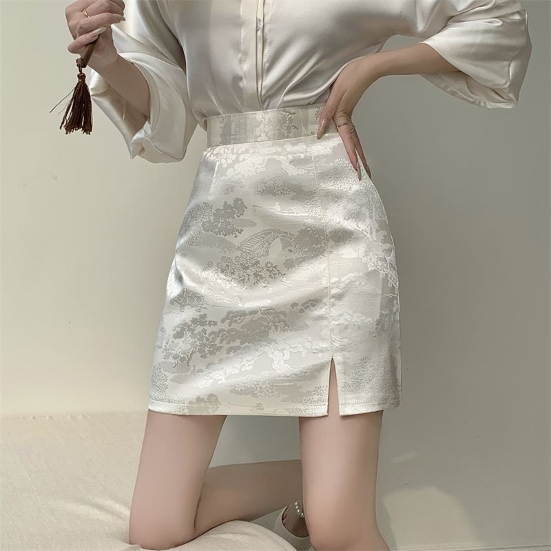 实拍 新中式国风半身裙小个子高腰气质包臀裙复古提花a字短裙