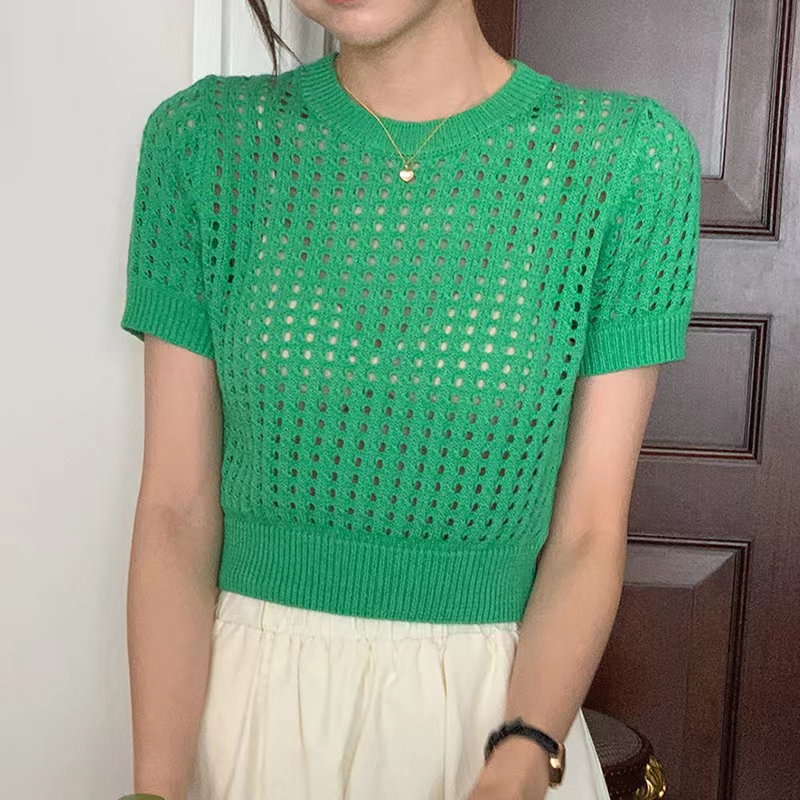 韩国chic夏季减龄糖果色圆领修身显瘦格子镂空设计感短袖针织衫女