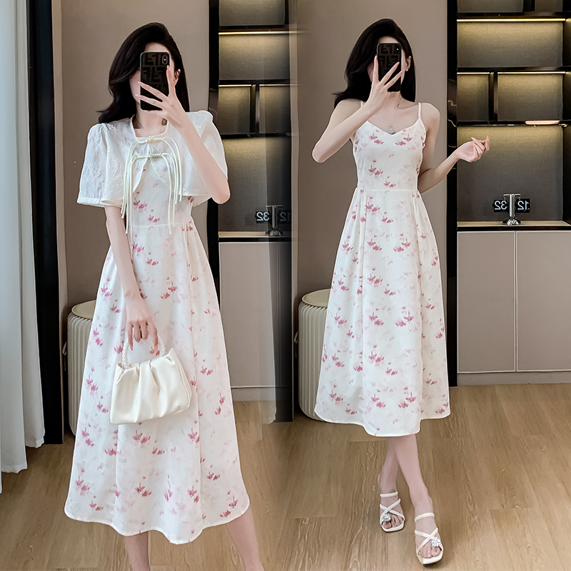 實拍新中式國風吊帶連衣裙兩件套2024夏季新款氣質改良旗袍套裝女