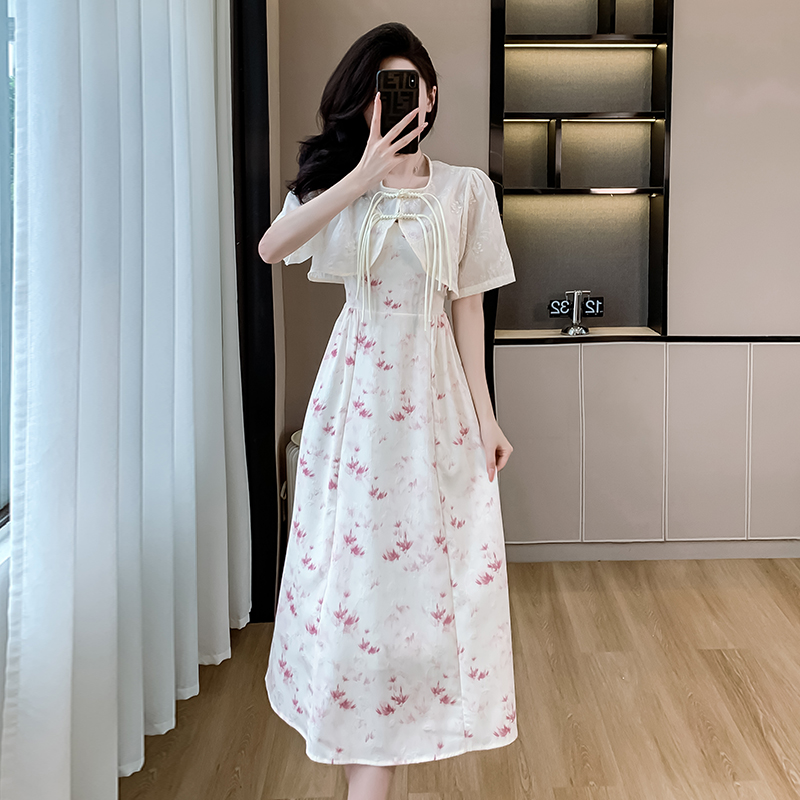 實拍新中式國風吊帶連衣裙兩件套2024夏季新款氣質改良旗袍套裝女