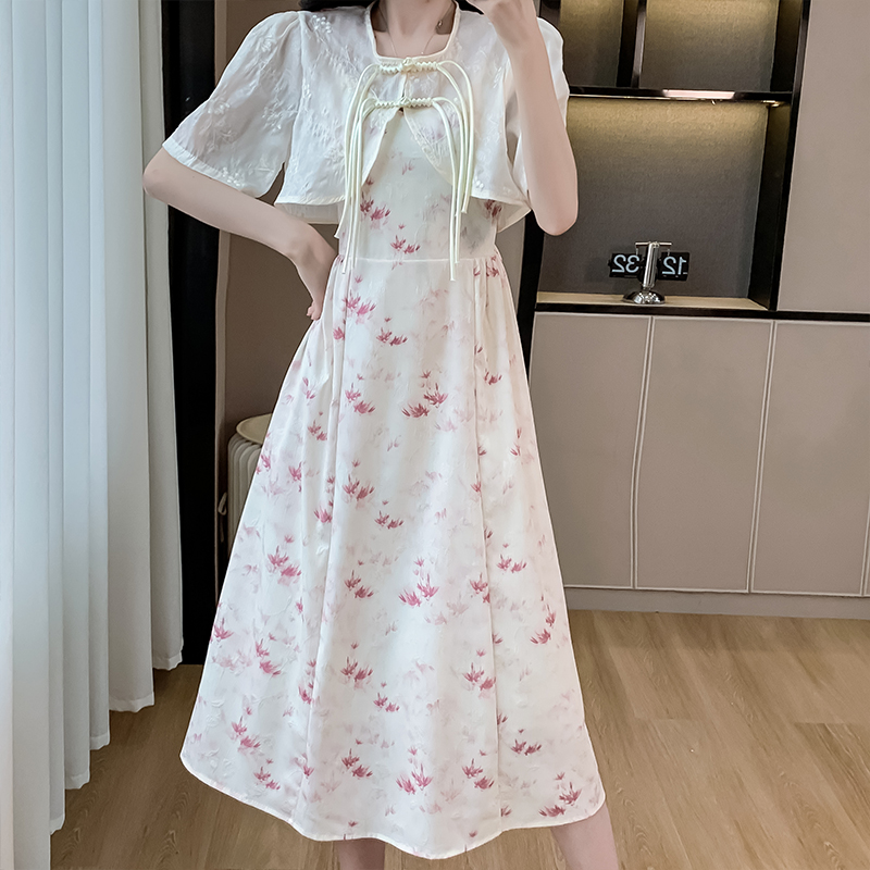 實拍新中式國風吊帶連衣裙兩件套2024夏季新款氣質改良旗袍套裝女