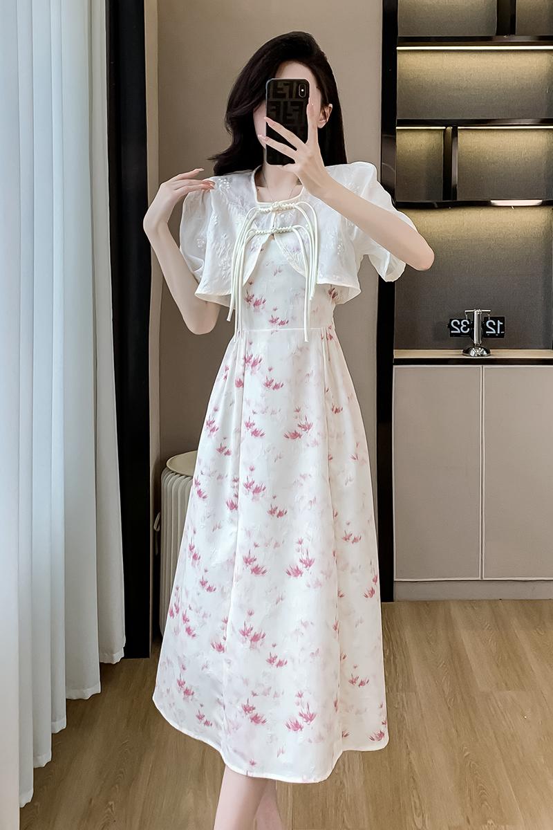 實拍新中式國風吊帶連衣裙兩件套2024夏季新款氣質改良旗袍套裝女