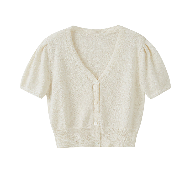 芥末自制甜美法式泡泡袖V领白色短袖薄款针织开衫短款上衣女夏季