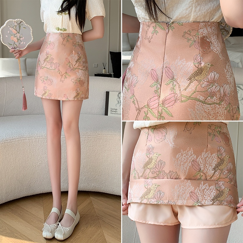 实拍新中式国风提花半身裙子女2024新款高腰显瘦粉色A字包臀短裙