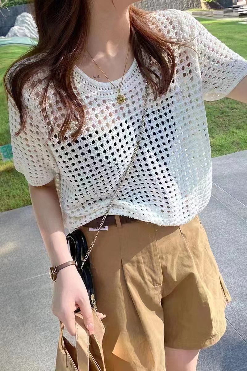 港味镂空短袖罩衫女2024年夏季韩版宽松针织衫短款设计感小众