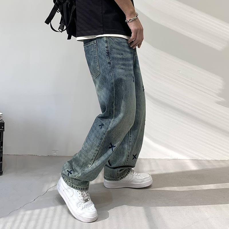 實拍美式重工刺繡直筒高品牛仔褲男高街潮牌復古寬松休閑百搭長褲