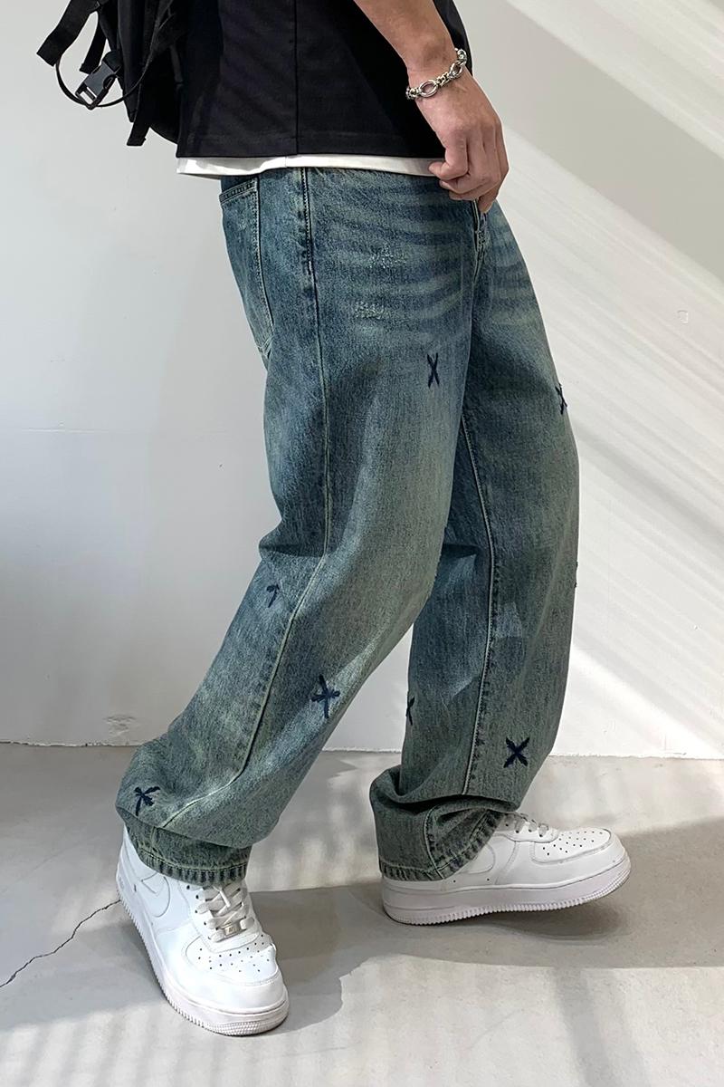 實拍美式重工刺繡直筒高品牛仔褲男高街潮牌復古寬松休閑百搭長褲