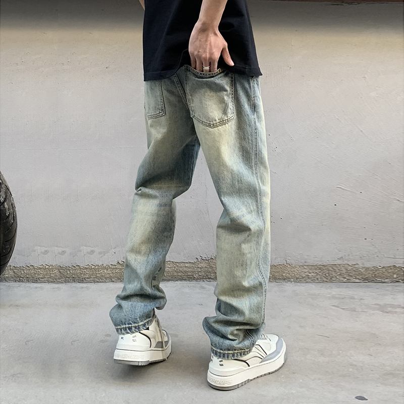 實拍美式潮牌做舊牛仔褲男潮流復古直筒水洗寬松百搭品質褲子