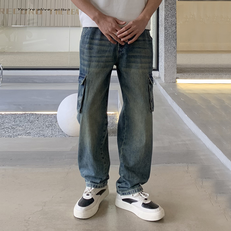 實拍復古潮牌工裝牛仔褲男新款美式高街寬松高品質闊腿直筒長褲