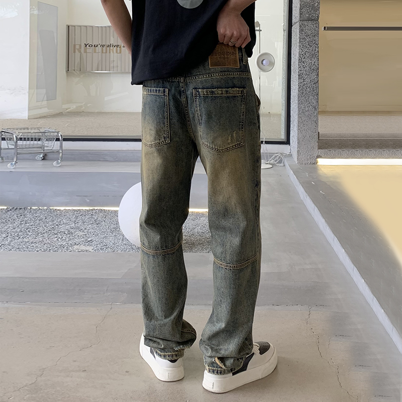 實拍美式潮牌牛仔褲男潮流黃泥染復古直筒水洗寬松百搭品質褲子