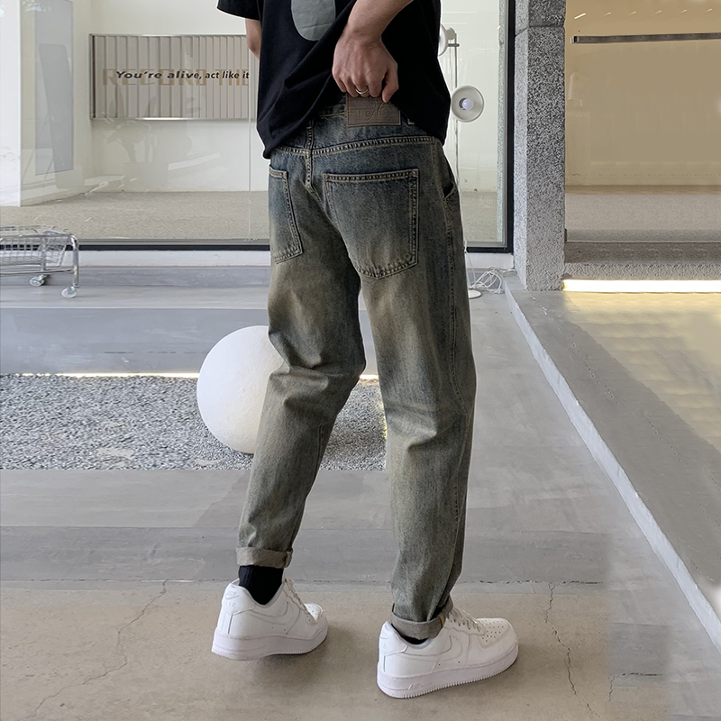 實拍美式潮牌牛仔褲男潮流黃泥染復古直筒水洗寬松百搭錐形牛仔褲