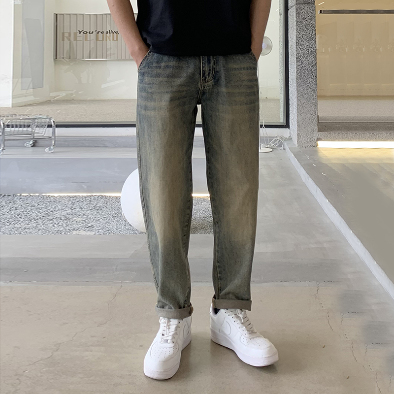 實拍美式潮牌牛仔褲男潮流黃泥染復古直筒水洗寬松百搭錐形牛仔褲