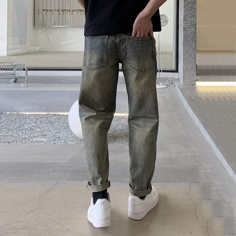 實拍美式潮牌牛仔褲男潮流黃泥染復古直筒水洗寬松百搭錐形牛仔褲