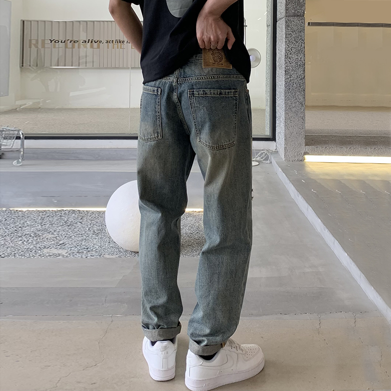 實拍復古潮牌牛仔褲男破洞撞色百搭哈倫牛仔褲潮流貼布長褲子