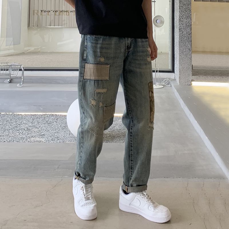 實拍復古潮牌牛仔褲男破洞撞色百搭哈倫牛仔褲潮流貼布長褲子