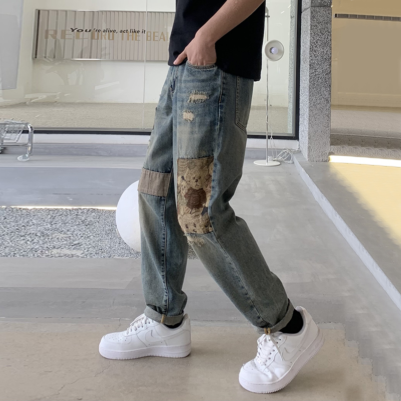 實拍復古潮牌牛仔褲男破洞撞色百搭哈倫牛仔褲潮流貼布長褲子