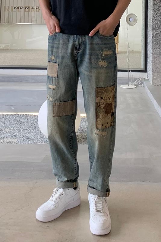 實拍復古潮牌牛仔褲男破洞撞色百搭哈倫牛仔褲潮流貼布長褲子