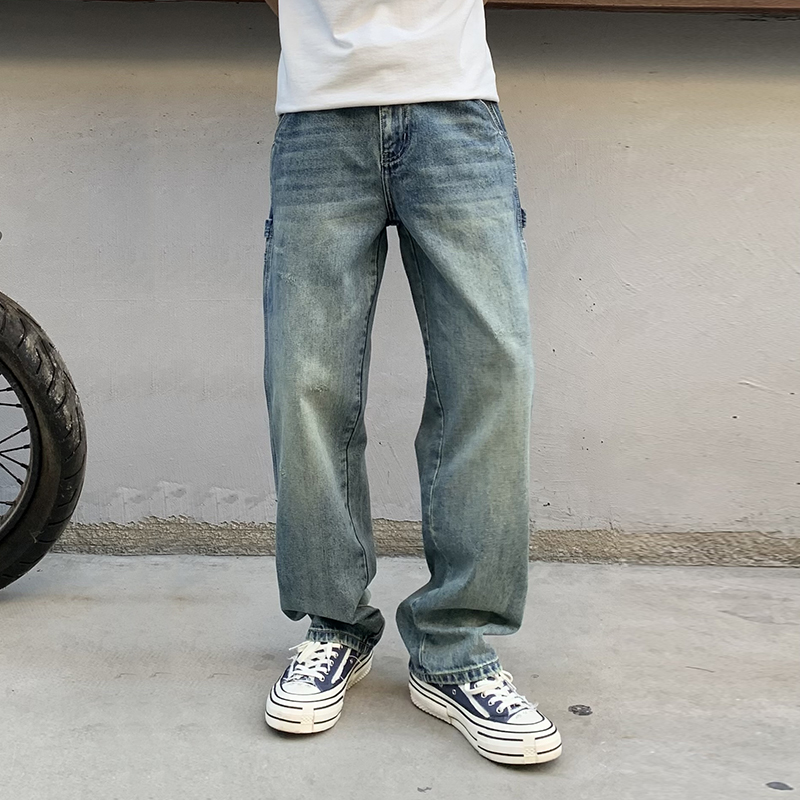 實拍美式潮牌工裝牛仔褲男潮流復古直筒水洗寬松百搭品質闊腿褲