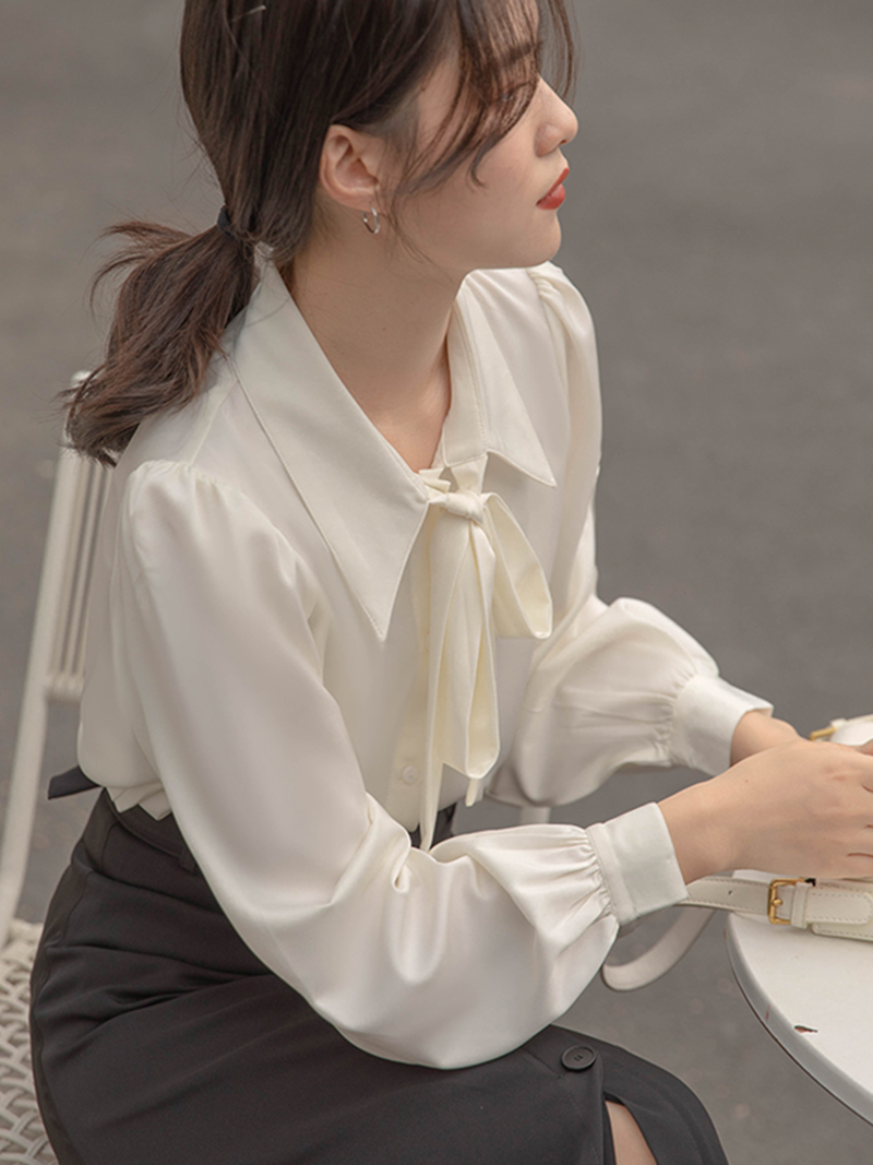 灯笼袖气质秋冬蝴蝶结衬衫白色衬衣女长袖系带设计感职业上衣