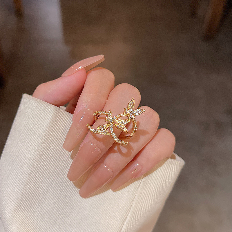 Exquisite micro-inlaid butterfly ring for women ins cold style open adjustable index finger ring light luxury niche ring