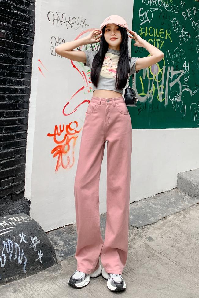 高质量脏粉色高腰牛仔裤宽松显瘦收腰直筒裤 长裤加长