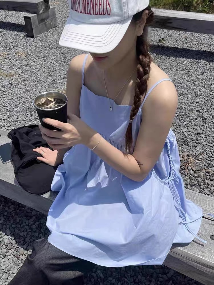 韩国2024新款lysm宽松蓝色吊带裙女小个子连衣裙夏季短款叠穿裙子
