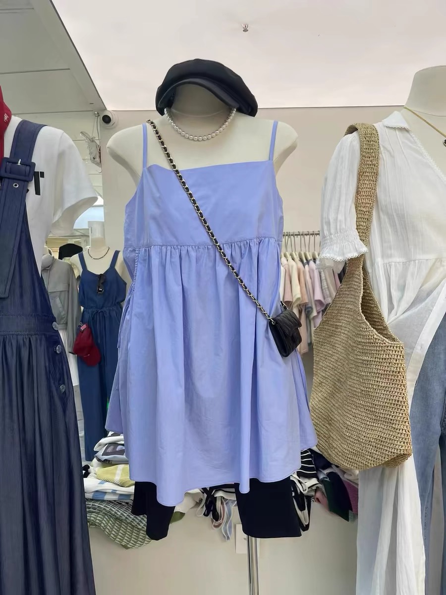 韩国2024新款lysm宽松蓝色吊带裙女小个子连衣裙夏季短款叠穿裙子