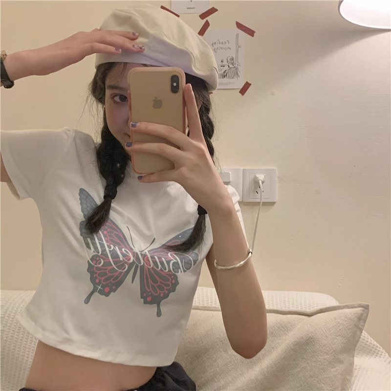 夏季新款韩版蝴蝶印花白色短款短T恤女学生修身短袖显瘦上衣
