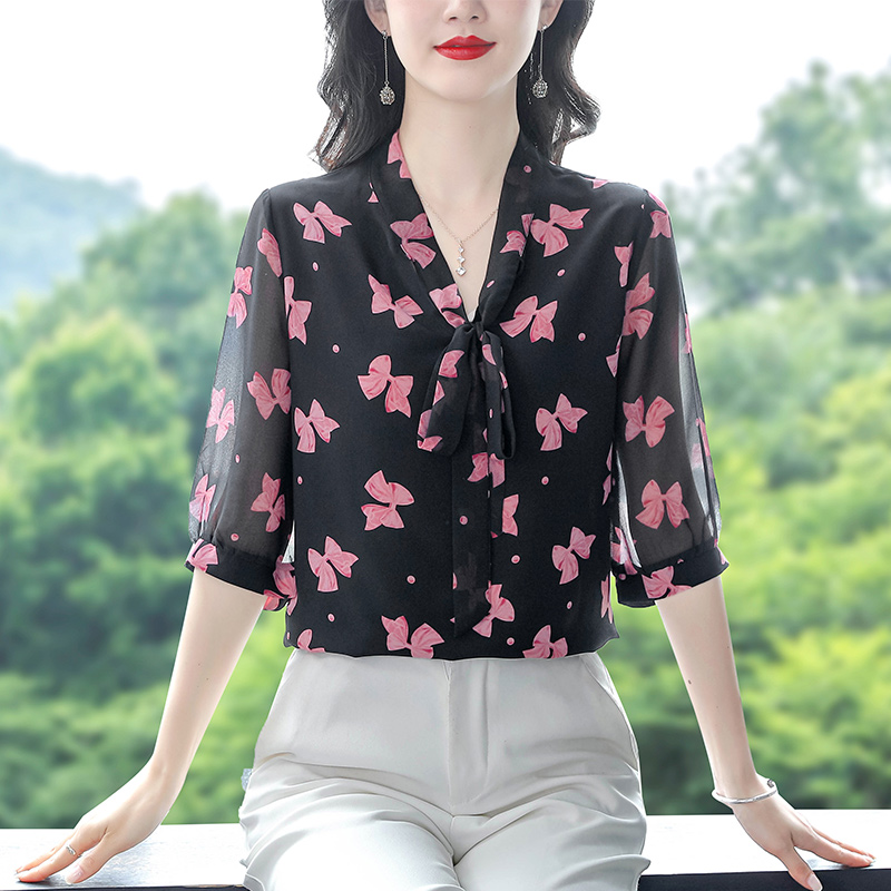 2025夏季新款大碼女裝雪紡印花襯衣時尚寬松飄帶上衣法式寬松小衫