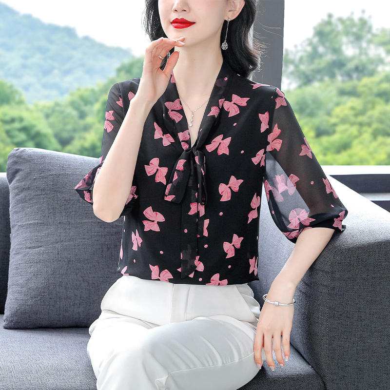 2025夏季新款大碼女裝雪紡印花襯衣時尚寬松飄帶上衣法式寬松小衫