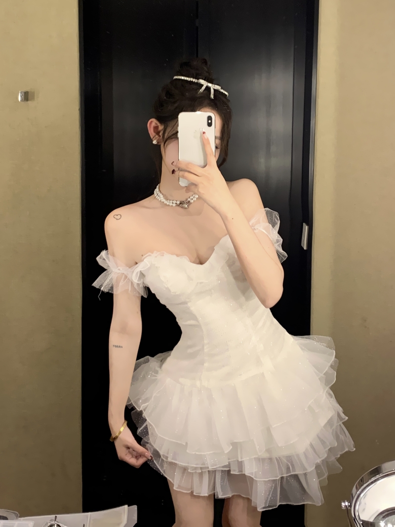 實拍實價 一字領修身顯瘦蛋糕裙短款禮服連衣裙