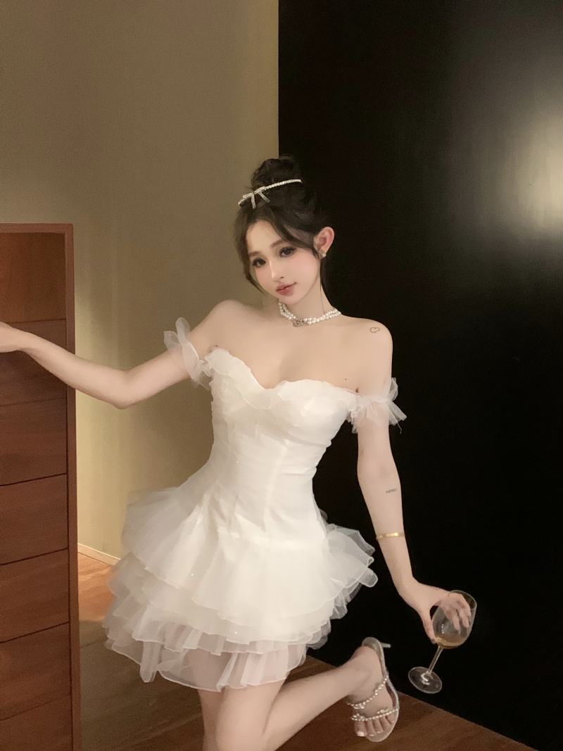 實拍實價 一字領修身顯瘦蛋糕裙短款禮服連衣裙