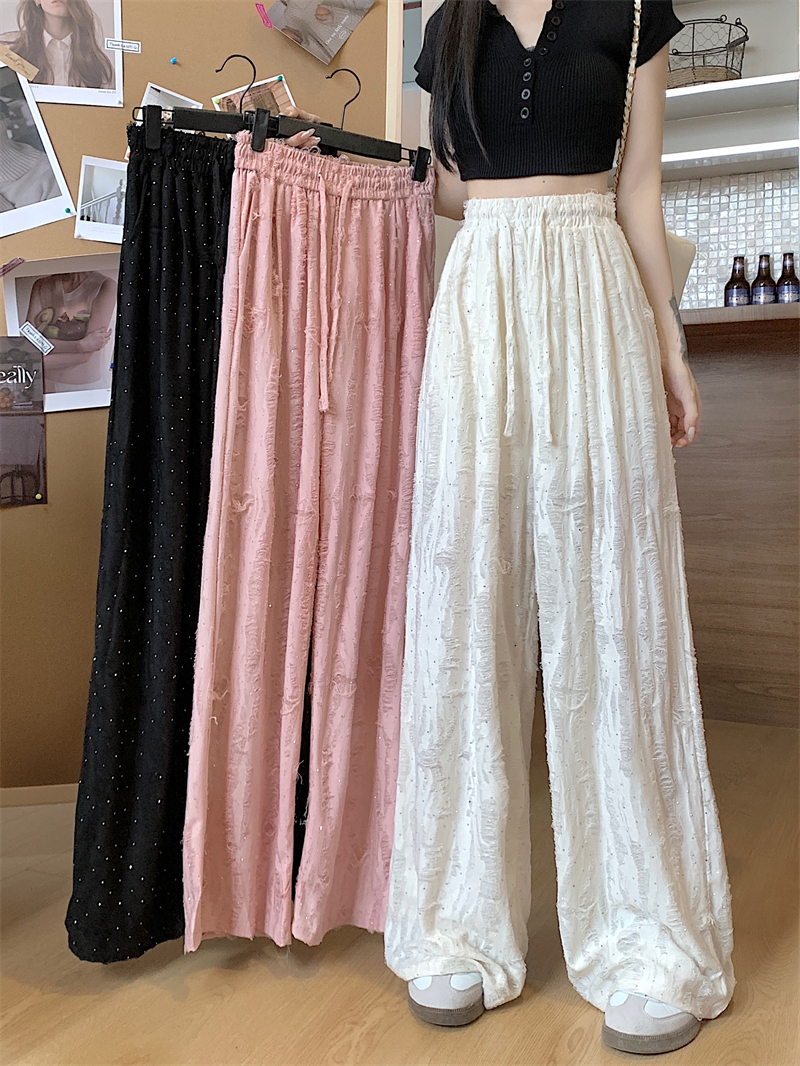 Actual shot ~ New design heavy-duty ripped, frayed and drilled high-waisted casual wide-leg floor mopping pants