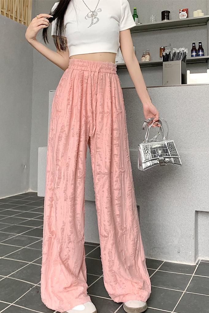 Actual shot ~ New design heavy-duty ripped, frayed and drilled high-waisted casual wide-leg floor mopping pants
