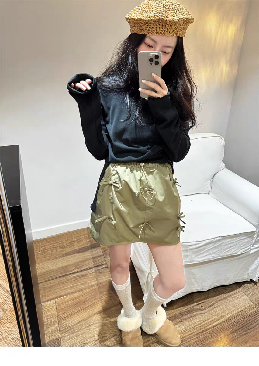 South Korea Dongdaemun elastic waist bow green flower bud skirt