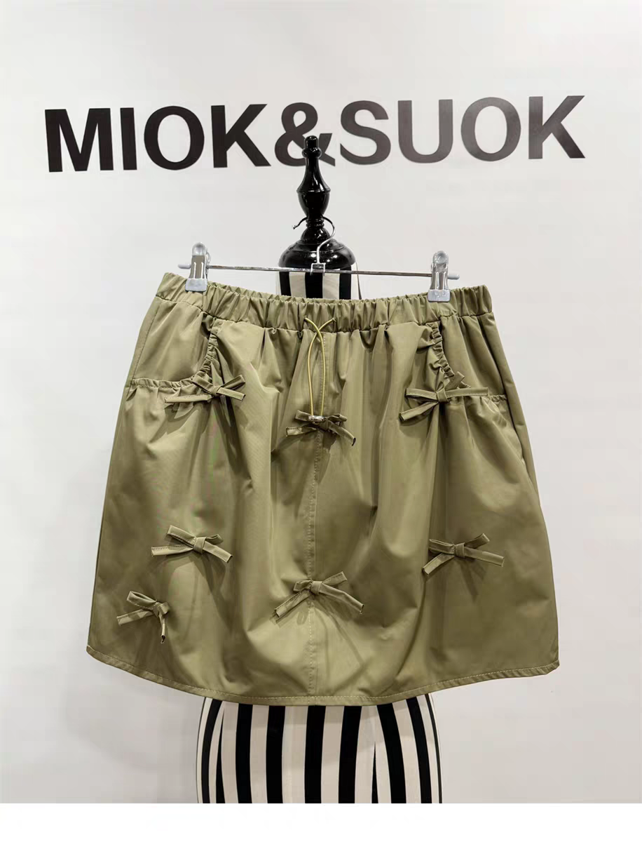 South Korea Dongdaemun elastic waist bow green flower bud skirt