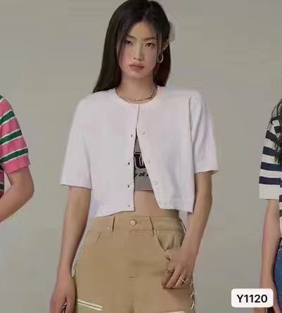 夏季新款韩版时尚休闲圆领撞色条纹短袖开衫上衣女