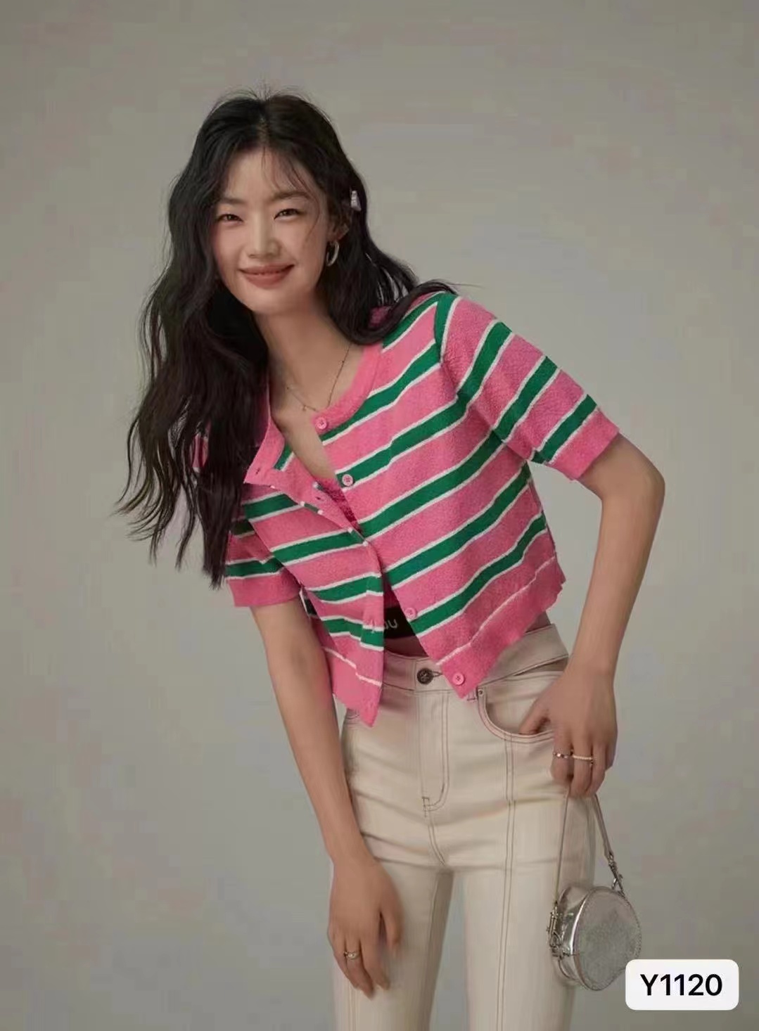 夏季新款韩版时尚休闲圆领撞色条纹短袖开衫上衣女