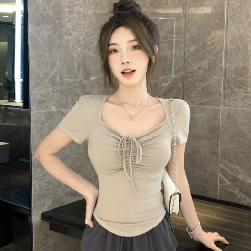 抽褶方领短款纯色T恤衫女夏季2024年新款韩版显瘦短款小众上衣潮